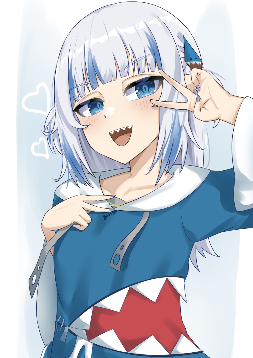 1girl, absurdres, animal_hood, blue_eyes, blue_hair, blue_hood, blue_nails, blunt_bangs, double_v, gawr_gura, gawr_gura_(1st_costume), grey_hair, hair_ornament, heart, highres, hololive, hololive_english, hood, looking_at_viewer, medium_hair, multicolored_hair, nail_polish, open_mouth, rebelium, shark_girl, shark_hair_ornament, shark_hood, sharp_teeth, sidelocks, smile, solo, streaked_hair, teeth, upper_teeth_only, v, v_over_eye, virtual_youtuber