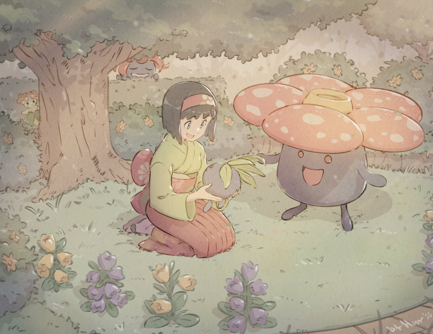 1girl, :d, bellossom, black_hair, dukehooverart, erika_(pokemon), evolutionary_line, floral_print