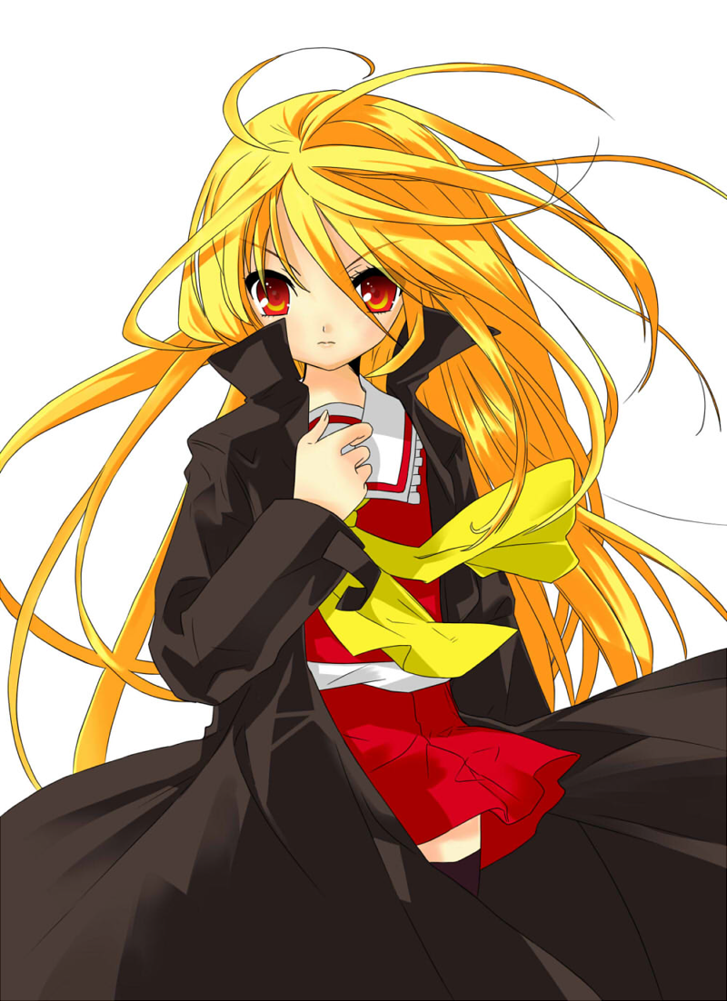 blouse, derivative_work, flandre_scarlet, hana_dango, long_hair, neckerchief, overcoat, parody, pleated_skirt, red_eyes, shakugan_no_shana, shana, skirt, standing, style_parody, touhou