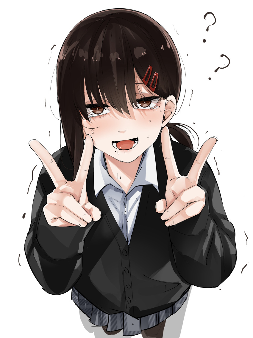 1girl, ?, absurdres, aged_down, alternate_costume, black_cardigan, brown_hair, cardigan