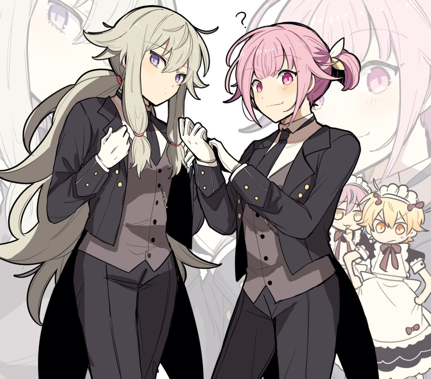 2boys, 2girls, :/, ?, ahoge, alternate_costume, alternate_hairstyle, apron