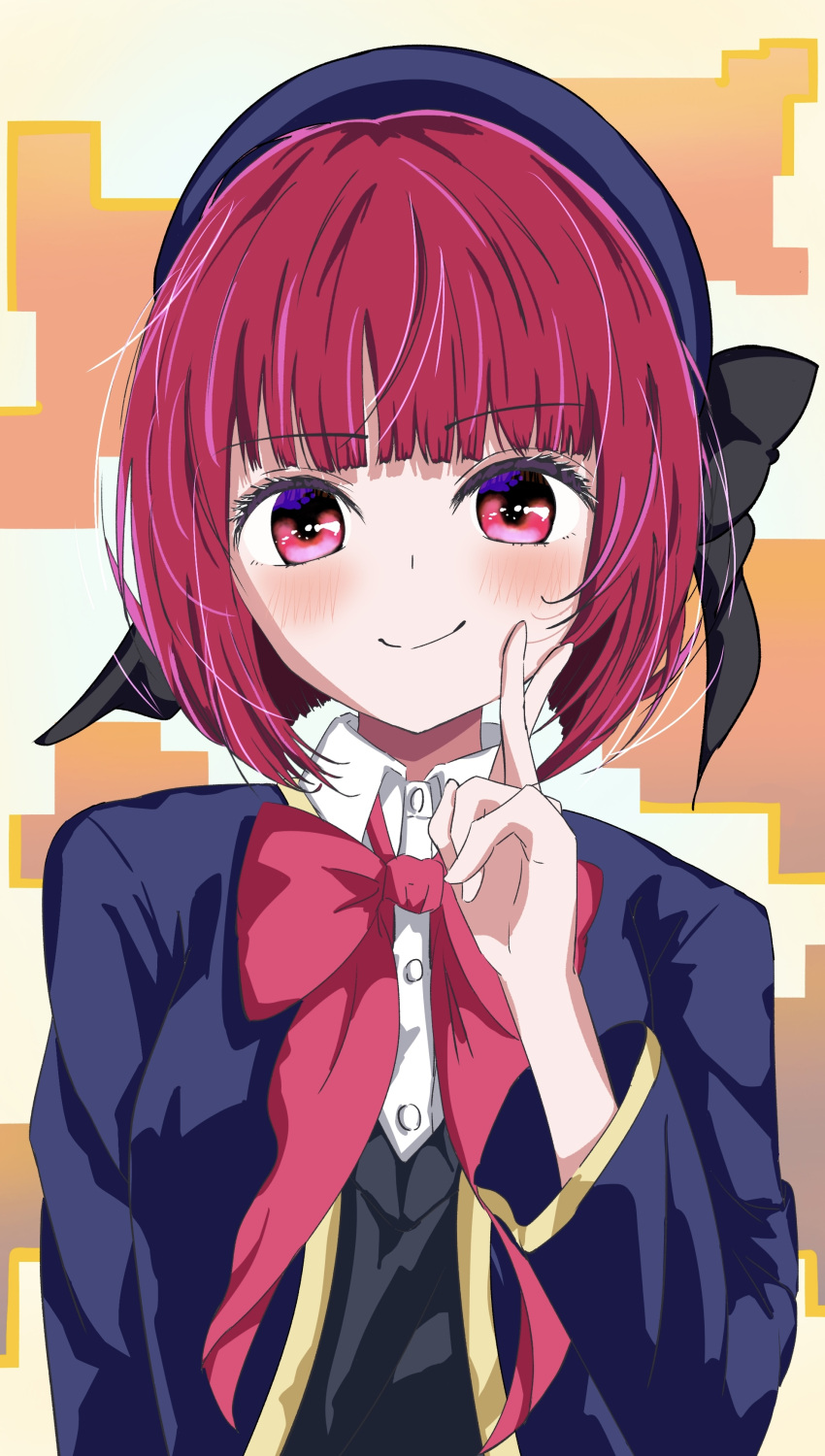 1girl, absurdres, arima_kana, beret, black_bow, black_vest, blue_headwear, blue_jacket