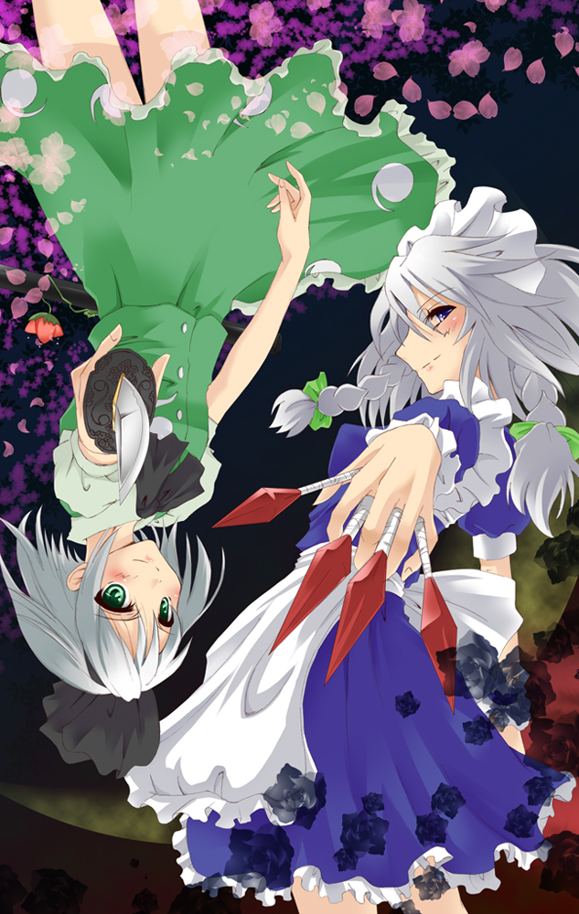 blue_eyes, braid, green_eyes, hairband, izayoi_sakuya, katana, knife, konpaku_youmu, maid, maid_headdress, multiple_girls, short_hair, silver_hair, sword, tamo_space, touhou, twin_braids, weapon