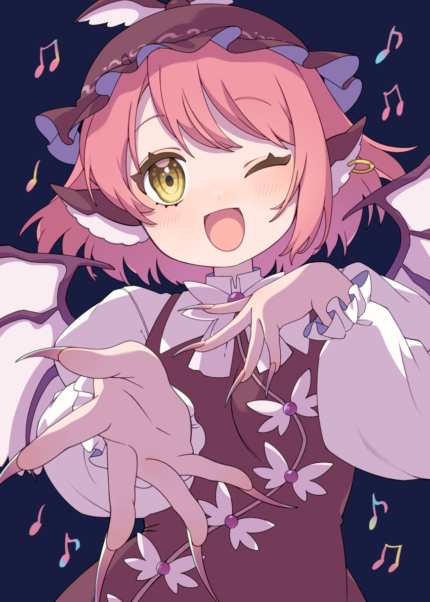 1girl, absurdres, animal_ears, beamed_eighth_notes, bird_ears, bird_wings, blue_background, blush