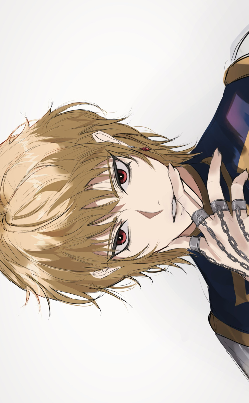 1other, absurdres, androgynous, blonde_hair, chain, crystal_earrings, earrings, highres, hunter_x_hunter, jewelry, kurapika, looking_at_viewer, male_focus, red_eyes, ring, short_hair, simple_background, solo, spi_11011, tabard, thumb_ring, upper_body, white_background