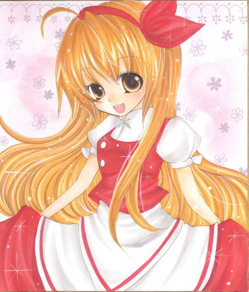 :d, ahoge, ellen, hairband, long_hair, marker_(medium), mizame, orange_eyes
