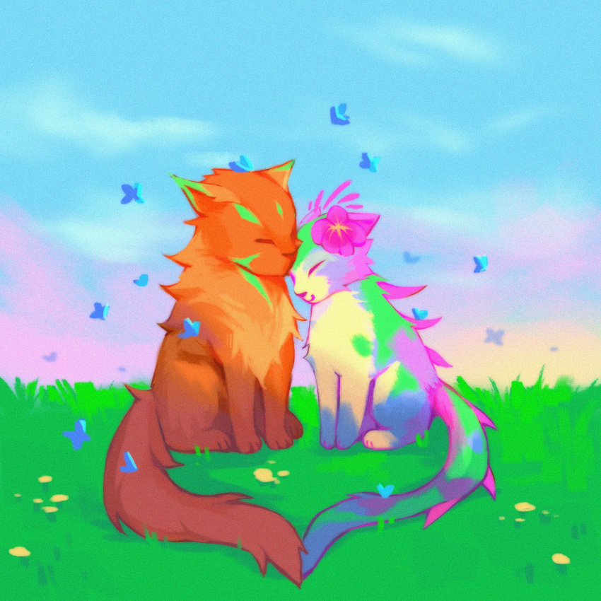 animal, animalization, bug, butterfly, cat, closed_mouth, flower, grass