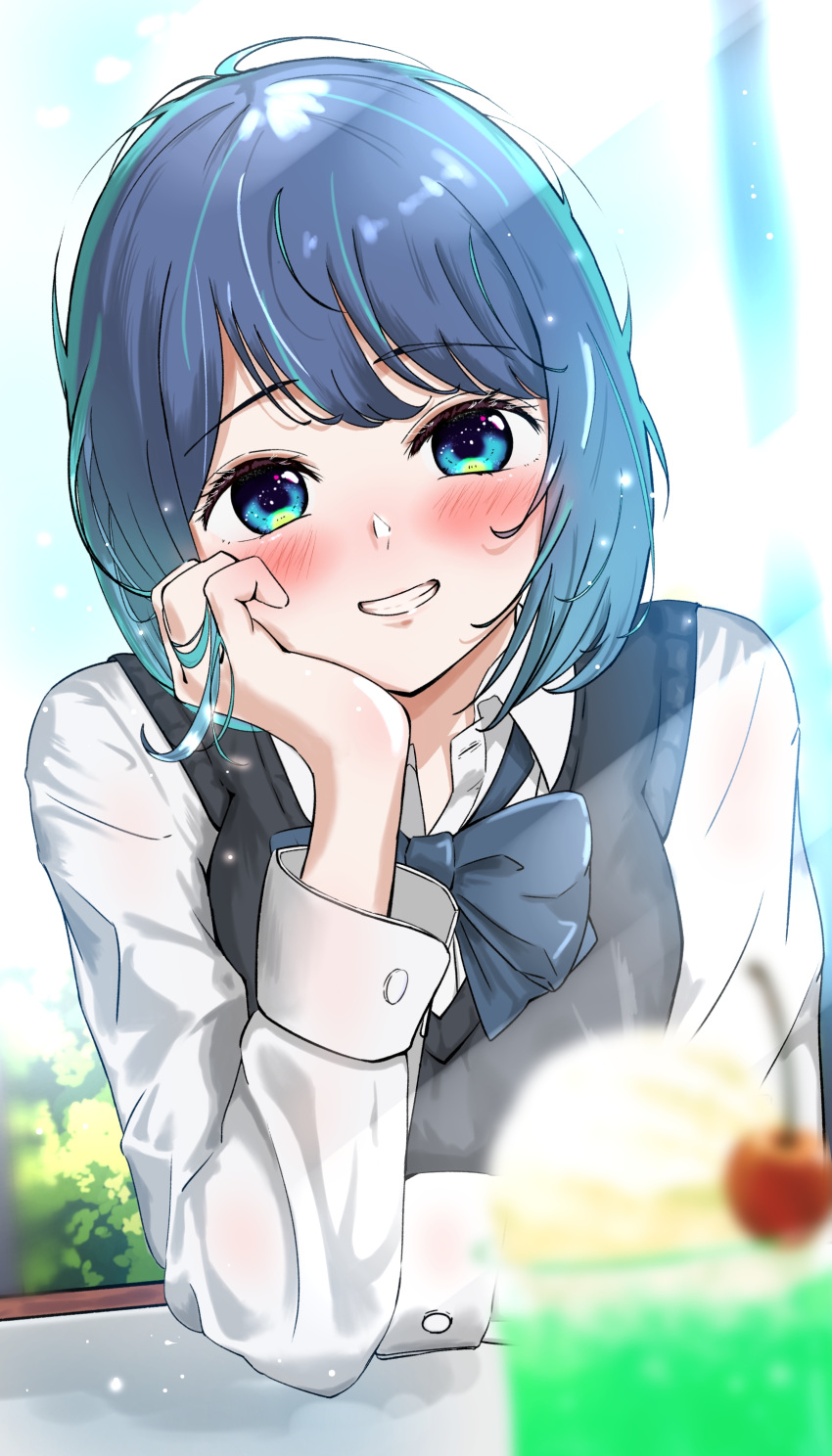 1girl, absurdres, arm_rest, black_vest, blue_bow, blue_bowtie, blue_eyes, blue_hair