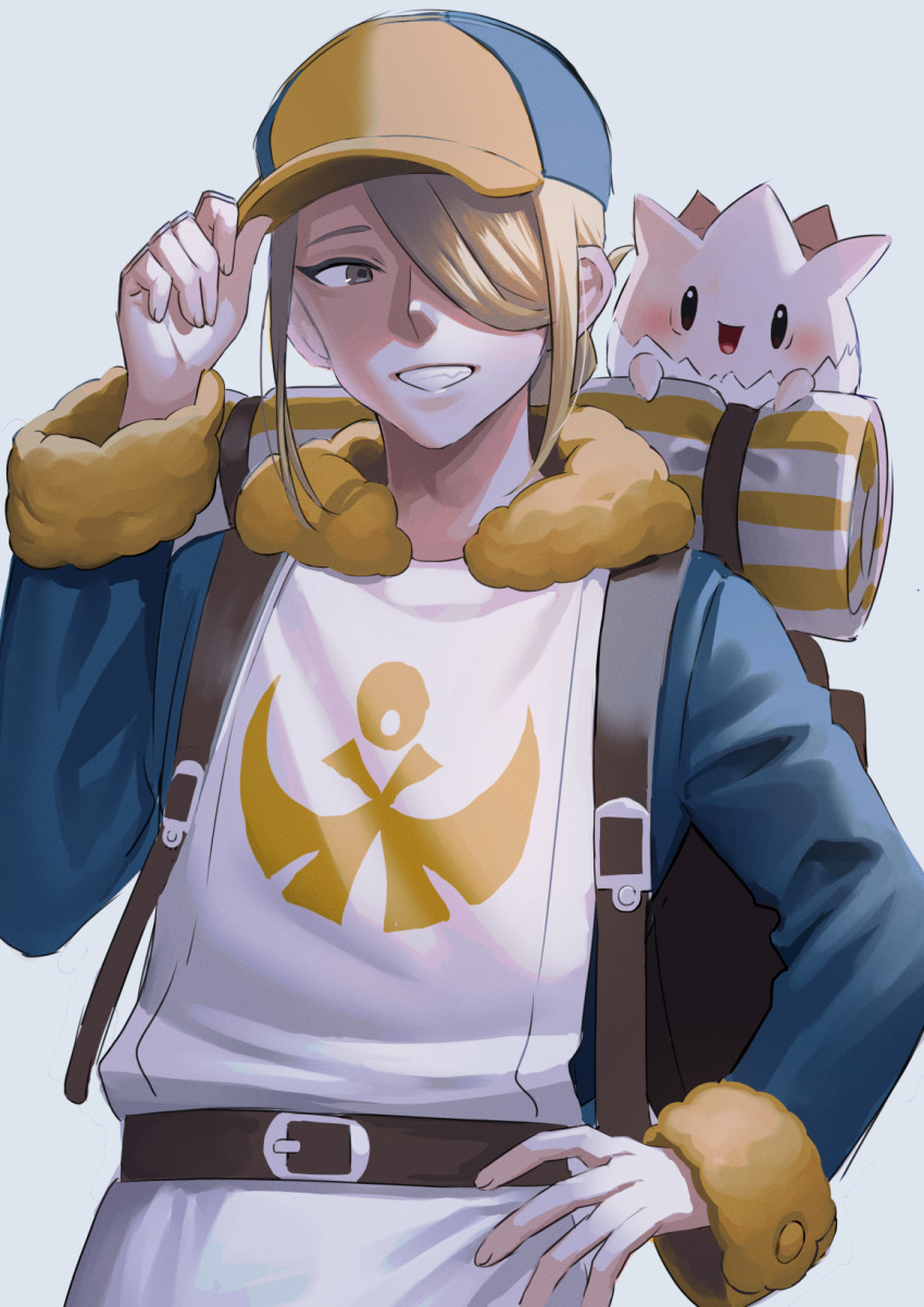 1boy, artist_request, backpack, bag, check_artist, fur_trim, hair_over_one_eye, hand_on_headwear