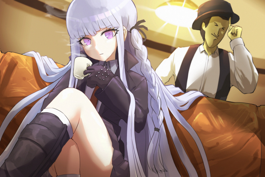 1boy, 1girl, black_gloves, black_headwear, black_ribbon, black_vest, braid, closed_mouth