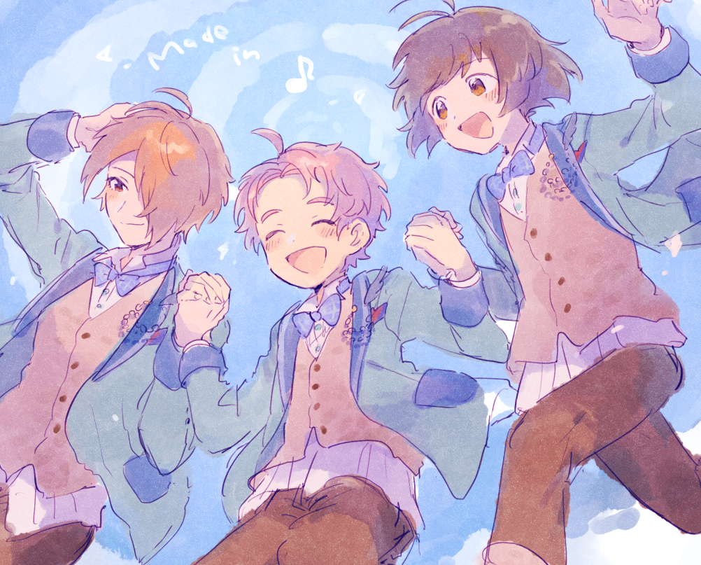 3boys, akizuki_ryou, blue_jacket, bow, bowtie, brown_hair, closed_eyes, f-lags_(idolmaster)