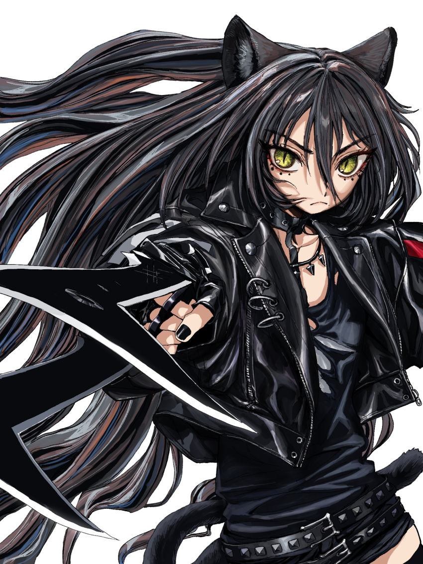 1girl, animal_ears, arknights, belt, black_belt, black_choker, black_hair, black_jacket, black_nails, black_shirt, black_tail, choker, closed_mouth, cowboy_shot, dagda_(arknights), green_eyes, highres, jacket, leather, leather_jacket, long_hair, looking_at_viewer, orrdriver, shirt, simple_background, slit_pupils, solo, studded_belt, studded_choker, white_background