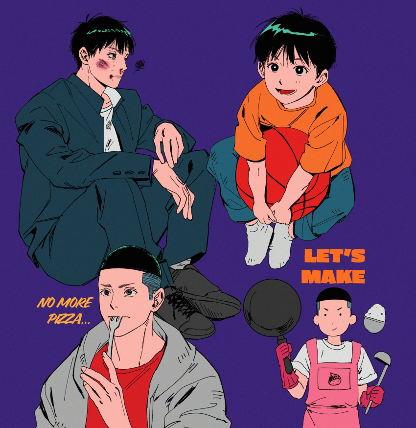 2boys, aged_down, ball, basketball_(object), black_eyes, black_hair, black_jacket, black_pants