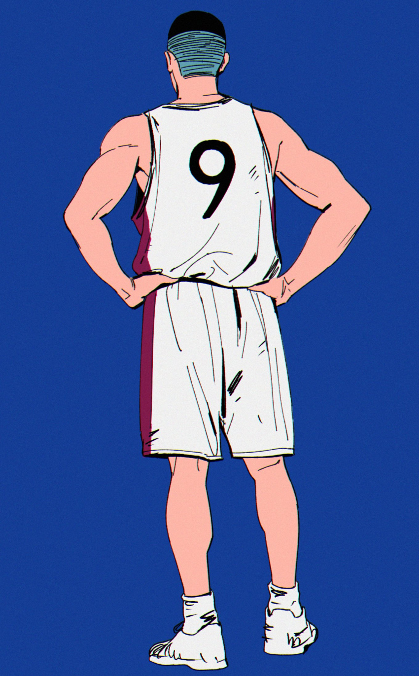 1boy, basketball, basketball_jersey, basketball_uniform, black_hair, blue_background, commentary_request, cornchi