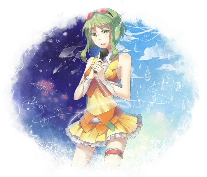 colored_eyelashes, eyelashes, fish, garters, goggles, goggles_on_head, green_eyes, green_hair