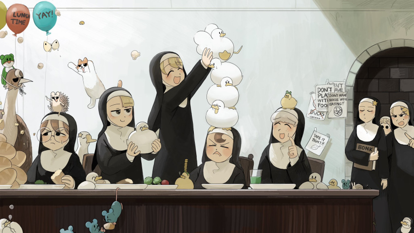 6+girls, animal_on_head, ant, balloon, bird, bird_on_head, black_eyes, blonde_hair
