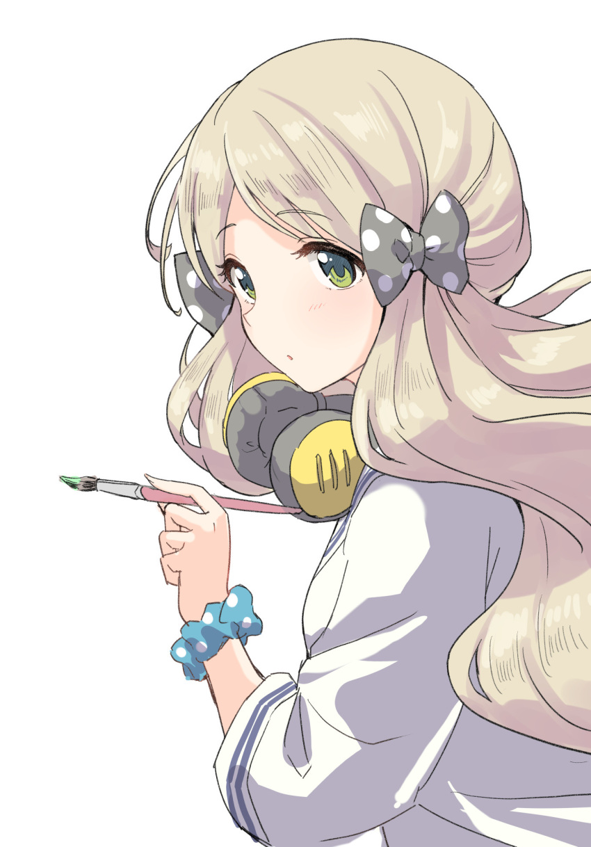 1girl, aqua_scrunchie, blonde_hair, bow, damokan66, eyelashes, green_eyes, hair_bow