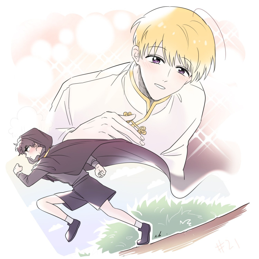 2boys, black_cape, black_footwear, black_hair, black_shorts, blonde_hair, blush, cape