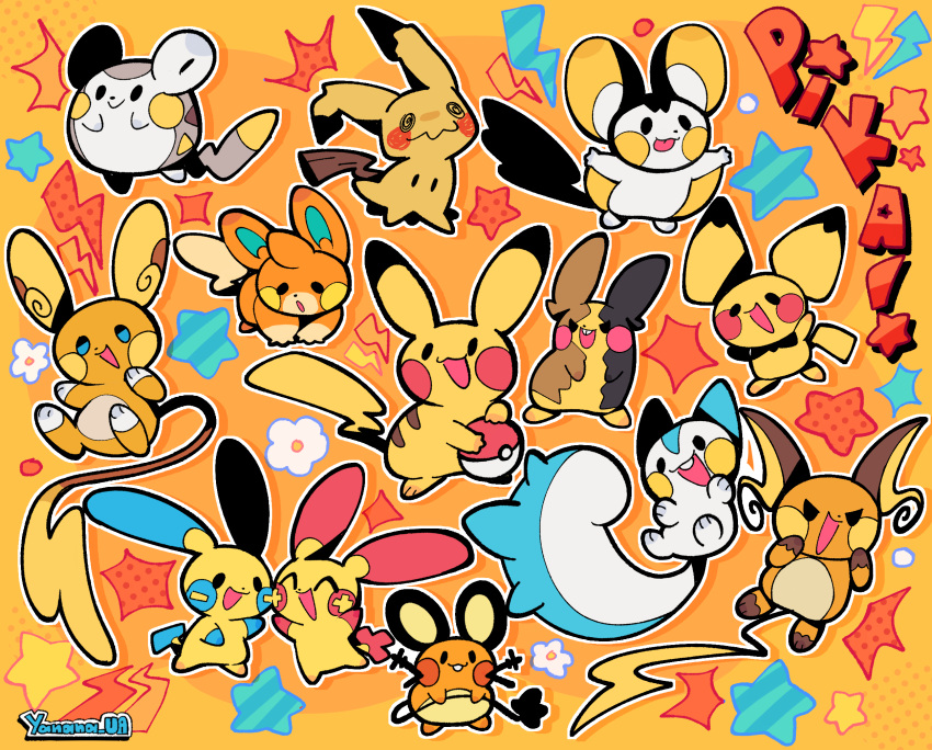 alolan_raichu, artist_name, black_eyes, commentary, dedenne, emolga, english_commentary, highres