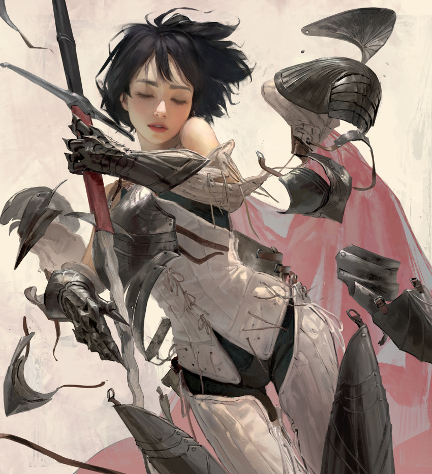 1girl, armor, black_pants, breastplate, cape, closed_eyes, floating_hair, gauntlets