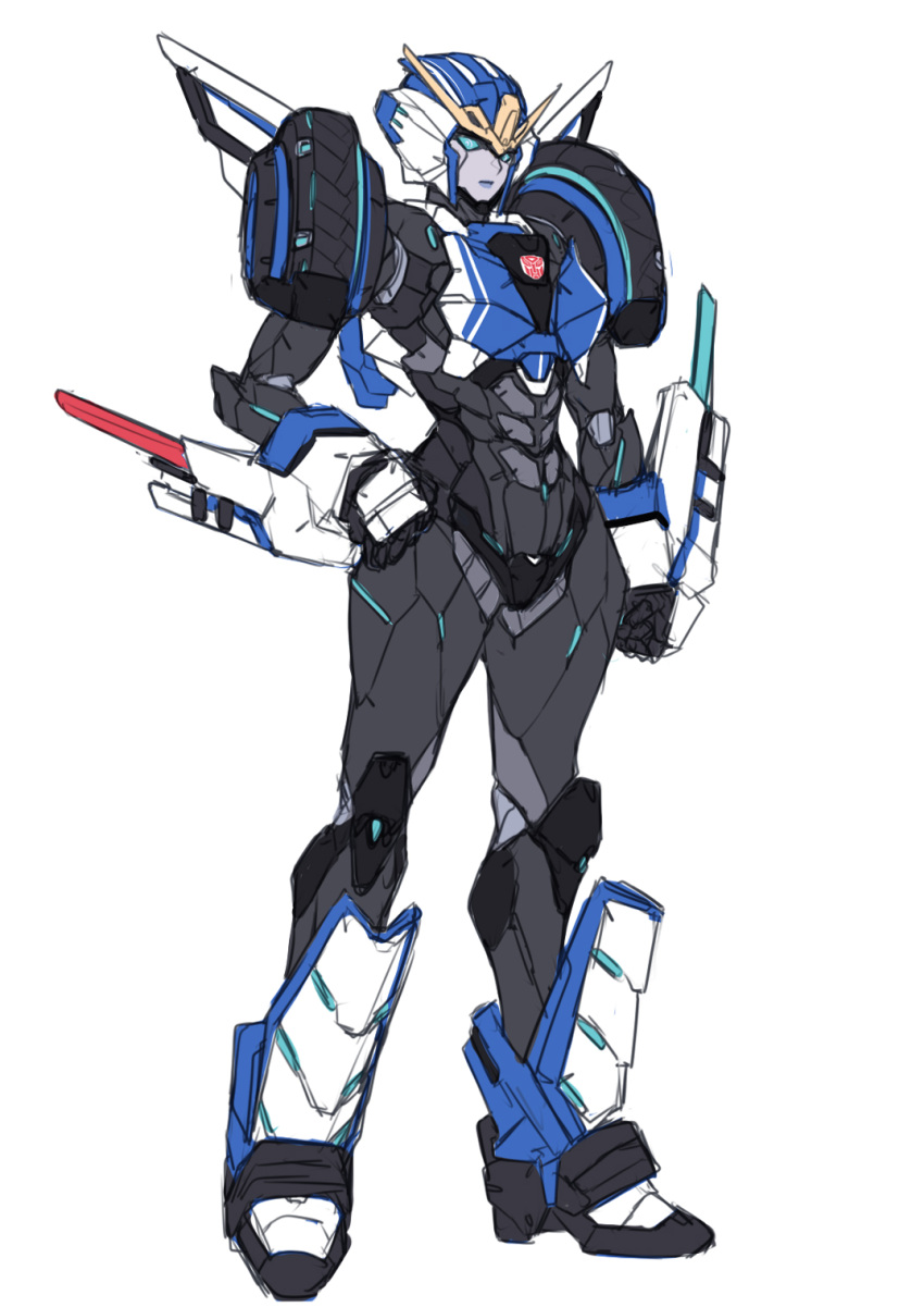 1girl, :<, autobot, ban!_(bansankan), blue_eyes, clenched_hands, full_body, highres