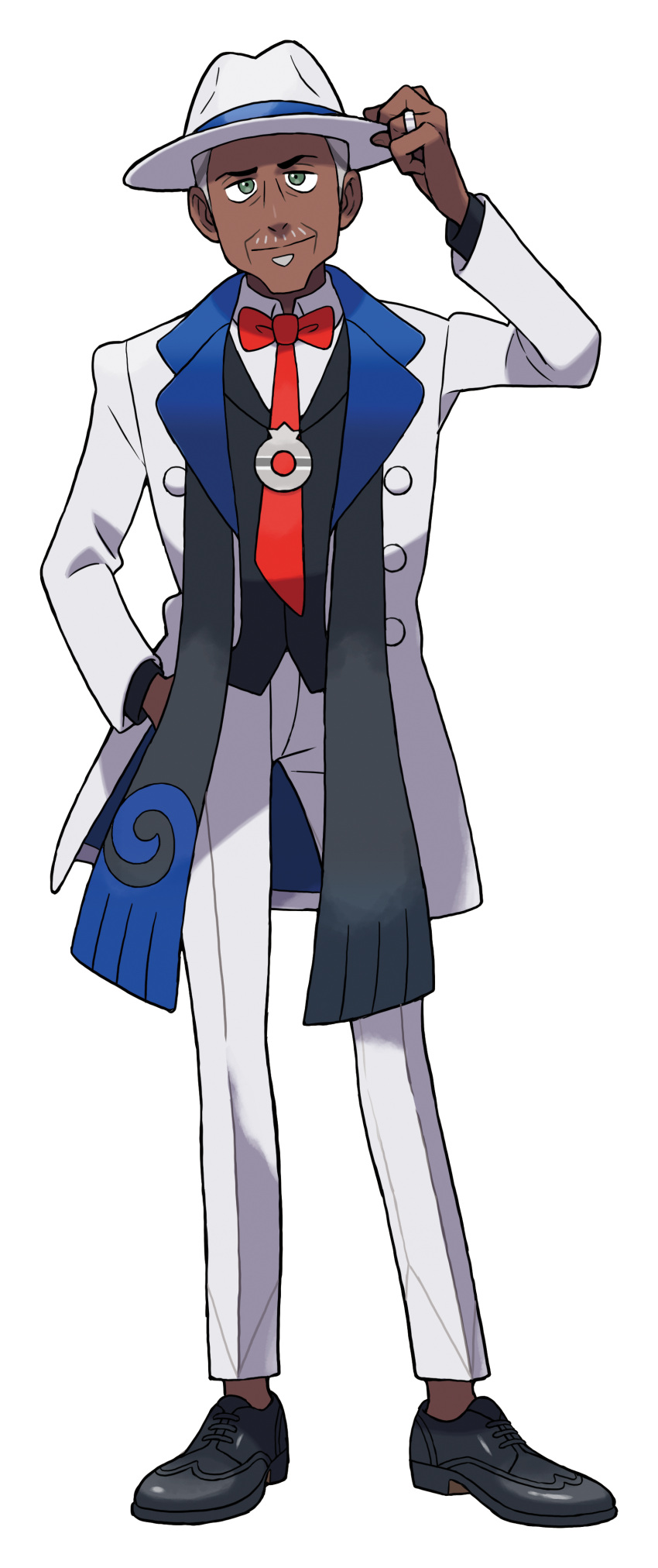 1boy, absurdres, adjusting_clothes, adjusting_headwear, arm_up, artist_request, black_footwear, black_jacket, black_scarf, closed_mouth, coat, collared_shirt, cyrano_(pokemon), dark-skinned_male, dark_skin, facial_hair, fedora, formal, full_body, goatee, green_eyes, grey_hair, hand_in_pocket, happy, hat, highres, jacket, jewelry, looking_at_viewer, male_focus, necktie, official_art, open_clothes, open_coat, outline, pants, pokemon, pokemon_(game), pokemon_sv, red_necktie, ring, scarf, shirt, shoes, short_hair, simple_background, smile, solo, standing, suit, tie_clip, transparent_background, two-sided_coat, very_short_hair, wedding_ring, white_coat, white_headwear, white_outline, white_pants, white_shirt