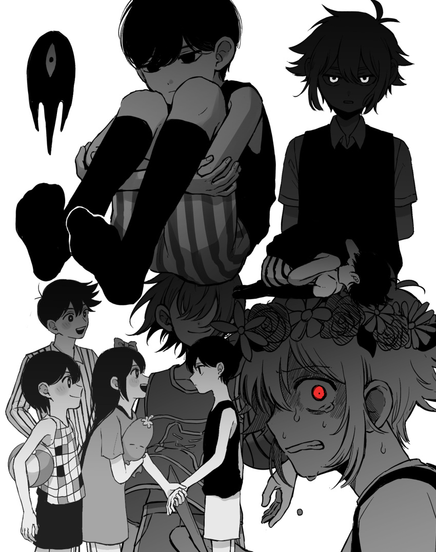 1girl, 6+boys, aubrey_(omori), basil_(omori), bow, flower, greyscale, hair_bow