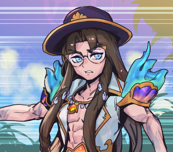 1boy, abs, arm_tattoo, black_headwear, blue_eyes, brown_hair, day, glasses