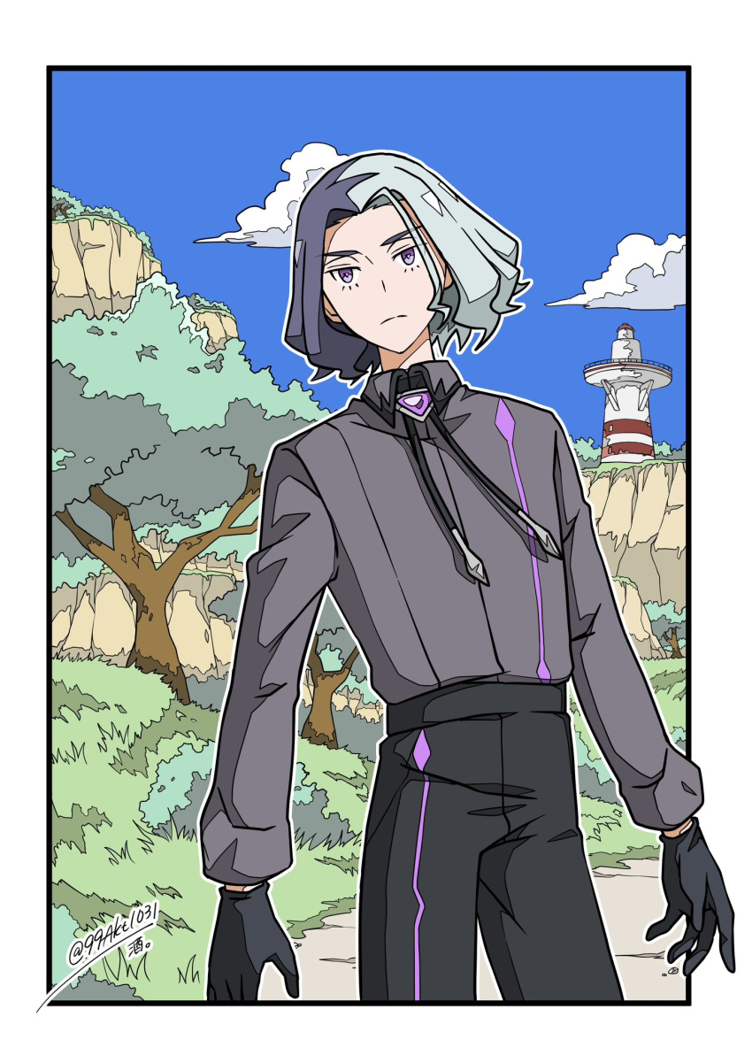 1boy, 99akt1031, amethio_(pokemon), black_gloves, black_pants, closed_mouth, clouds, collared_shirt