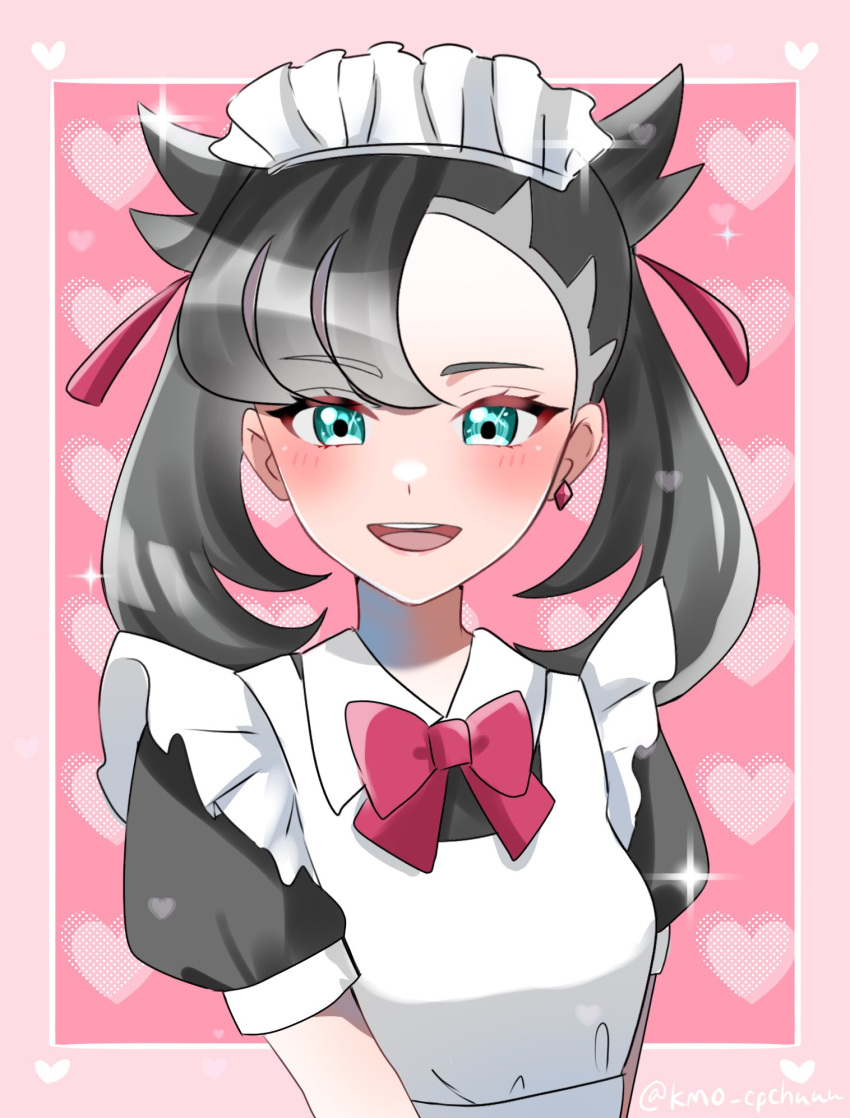1girl, :d, alternate_costume, apron, asymmetrical_bangs, black_dress, black_hair, blush, border, bow, bowtie, commentary_request, dress, earrings, enmaided, eyelashes, green_eyes, hair_ribbon, heart, highres, jewelry, kamicho_musharu, long_hair, maid, maid_headdress, marnie_(pokemon), open_mouth, pink_bow, pink_bowtie, pokemon, pokemon_(game), pokemon_swsh, ribbon, short_sleeves, single_earring, smile, solo, teeth, tongue, twintails, upper_body, upper_teeth_only, white_apron