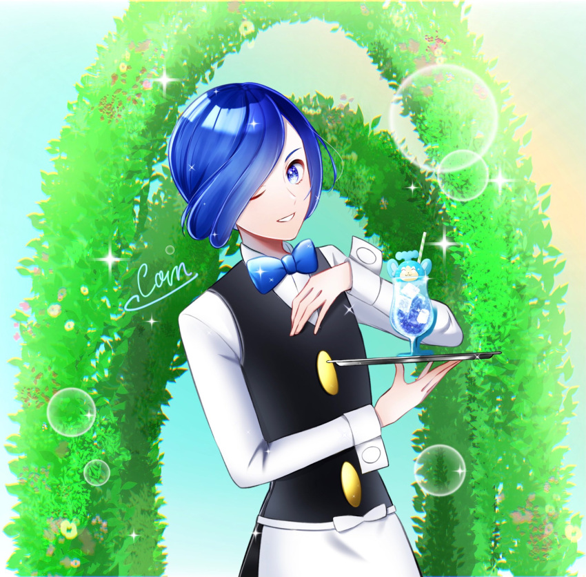1boy, black_vest, blue_bow, blue_bowtie, blue_eyes, blue_hair, blurry, bokeh