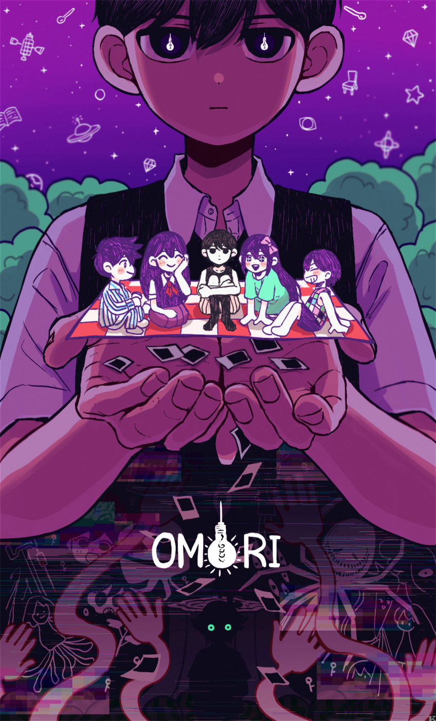 2girls, 5boys, aubrey_(omori), black_eyes, black_hair, black_socks, black_sweater_vest, blanket, chibi, closed_mouth, collared_shirt, copyright_name, expressionless, hero_(omori), highres, k_toast, kel_(omori), knees_up, light_bulb, long_hair, long_sleeves, looking_at_viewer, mari_(omori), multiple_boys, multiple_girls, omori, omori_(omori), pajamas, photo_(object), picnic, purple_hair, shirt, short_hair, short_sleeves, sitting, socks, something_in_the_walls_(omori), spoilers, stranger_(omori), sunny_(omori), sweater_vest, violet_eyes, white_shirt