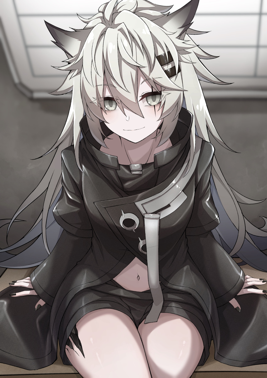 1girl, absurdres, animal_ears, arknights, black_jacket, black_nails, fingernails, grey_eyes, hair_between_eyes, highres, jacket, lappland_(arknights), looking_at_viewer, nail_polish, oripathy_lesion_(arknights), ruisuke, scar, scar_on_face, sitting, smile, solo, thighs, white_hair, wolf_ears, wolf_girl