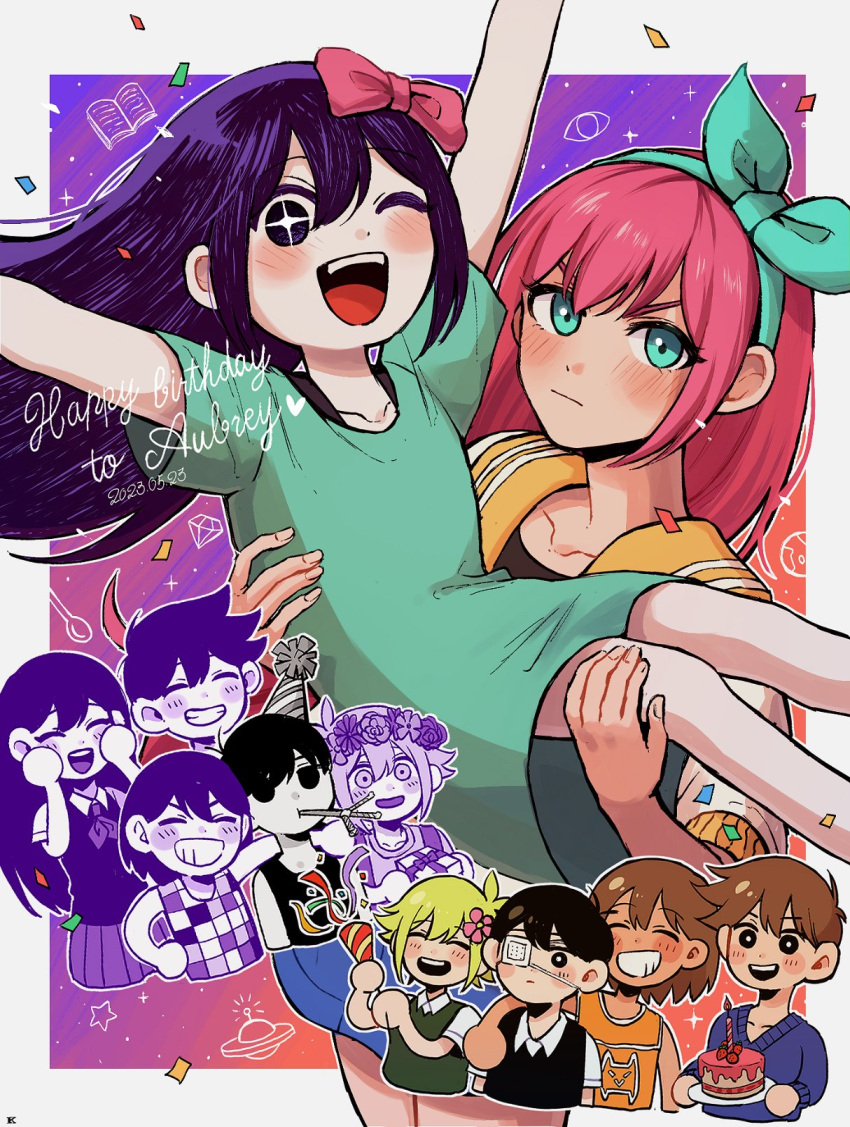 3girls, 6+boys, aubrey_(omori), basil_(omori), black_eyes, black_hair, black_sweater_vest, blonde_hair, bow, brown_hair, character_name, collared_shirt, colored_skin, confetti, dark-skinned_male, dark_skin, dated, dual_persona, eyepatch, flower, green_eyes, green_sweater_vest, hair_bow, hair_flower, hair_ornament, hairband, happy_birthday, hat, head_wreath, hero_(omori), highres, k_toast, kel_(omori), long_hair, mari_(omori), multiple_boys, multiple_girls, omori, omori_(omori), open_mouth, party_hat, party_popper, pink_bow, pink_hair, purple_hair, shirt, short_hair, short_sleeves, smile, spoilers, sunny_(omori), sweater_vest, violet_eyes, white_shirt, white_skin