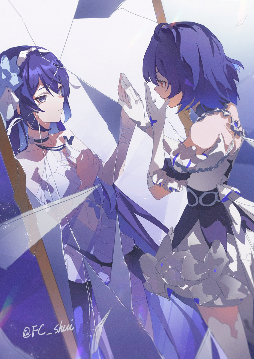 ahoge, bare_shoulders, black_choker, blue_eyes, blue_hair, choker, clenched_hand, collarbone