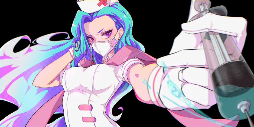 1girl, absurdres, blue_hair, breasts, cross, estelle_(omega_strikers), gloves, gradient_hair, hat, highres, holding, holding_syringe, long_hair, mask, mouth_mask, multicolored_hair, nurse, nurse_cap, omega_strikers, outstretched_arm, pokechun29, purple_hair, simple_background, solo, syringe, violet_eyes, white_gloves