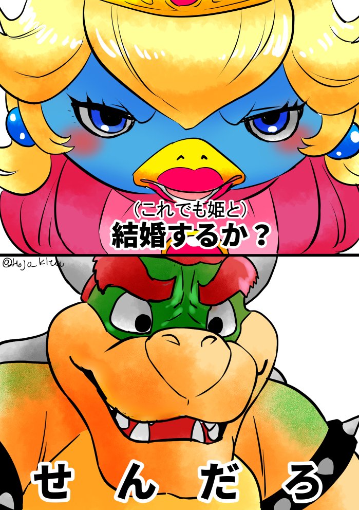 2boys, bird, bowser, crossdressing, hojo_kita, king_penguin, king_penguin_(mario), multiple_boys