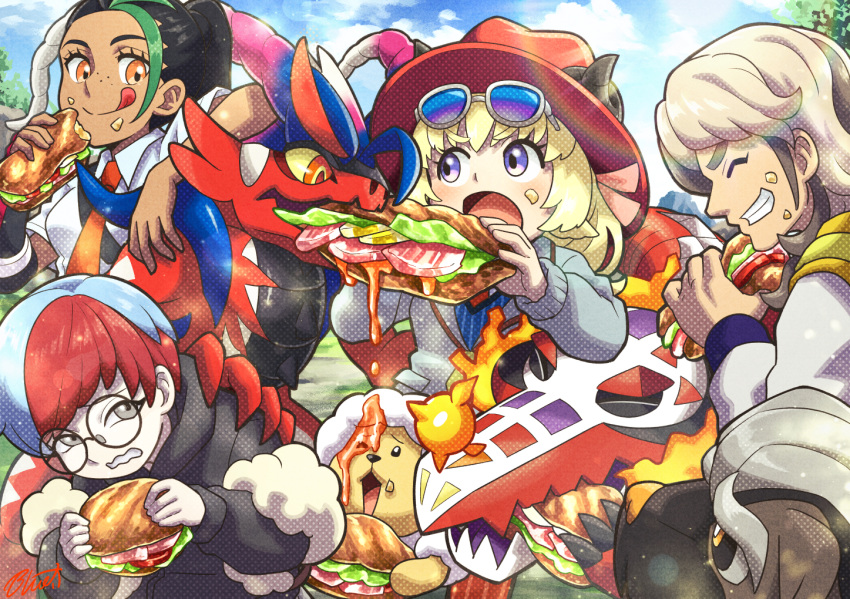 arven_(pokemon), black_hair, black_jacket, blonde_hair, blue_hair, blue_sky, buru-dai, character_request