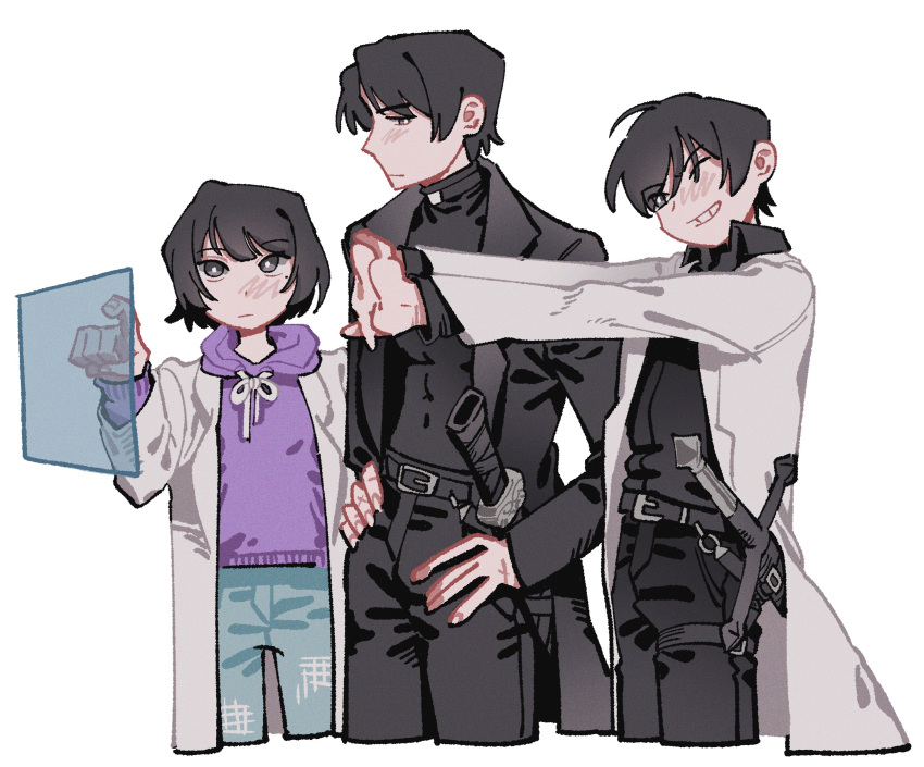 1girl, 2boys, absurdres, belt, black_belt, black_hair, black_jacket, black_pants