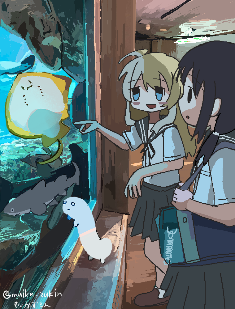 2girls, :o, ahoge, aquarium, bag, black_eyes, black_hair, black_ribbon