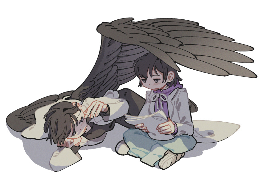 1boy, 1girl, absurdres, black_hair, black_pants, black_wings, blue_pants, feathered_wings
