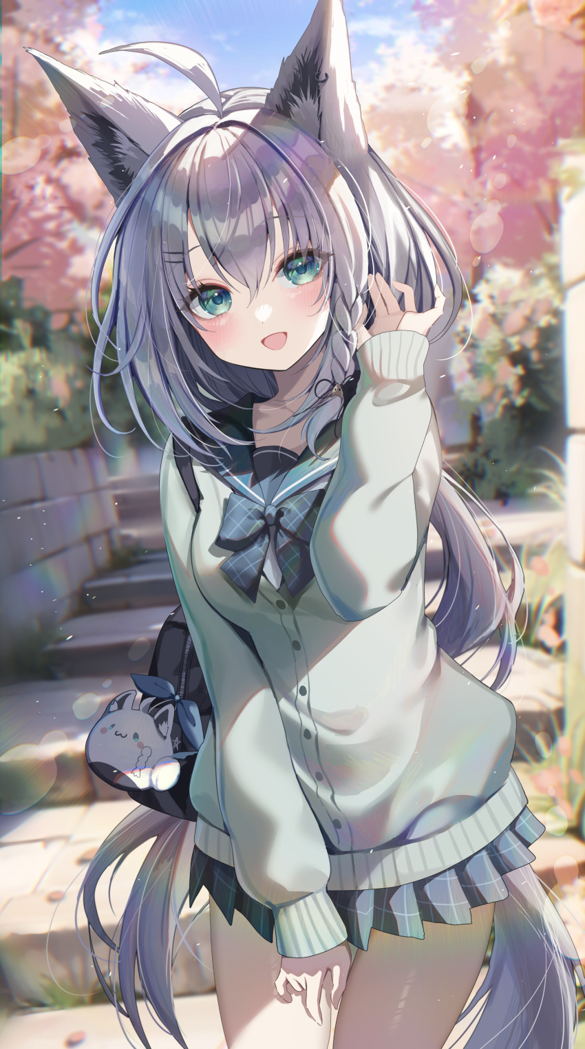 1girl, absurdres, ahoge, animal_ear_fluff, animal_ears, bag, blue_bow, blue_bowtie
