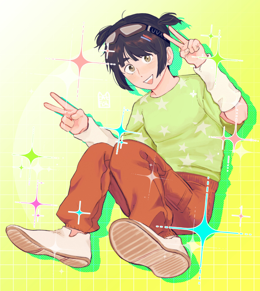 1girl, :d, absurdres, after_school_lessons_for_unripe_apples, arm_warmers, black_hair, brown_eyes, brown_pants