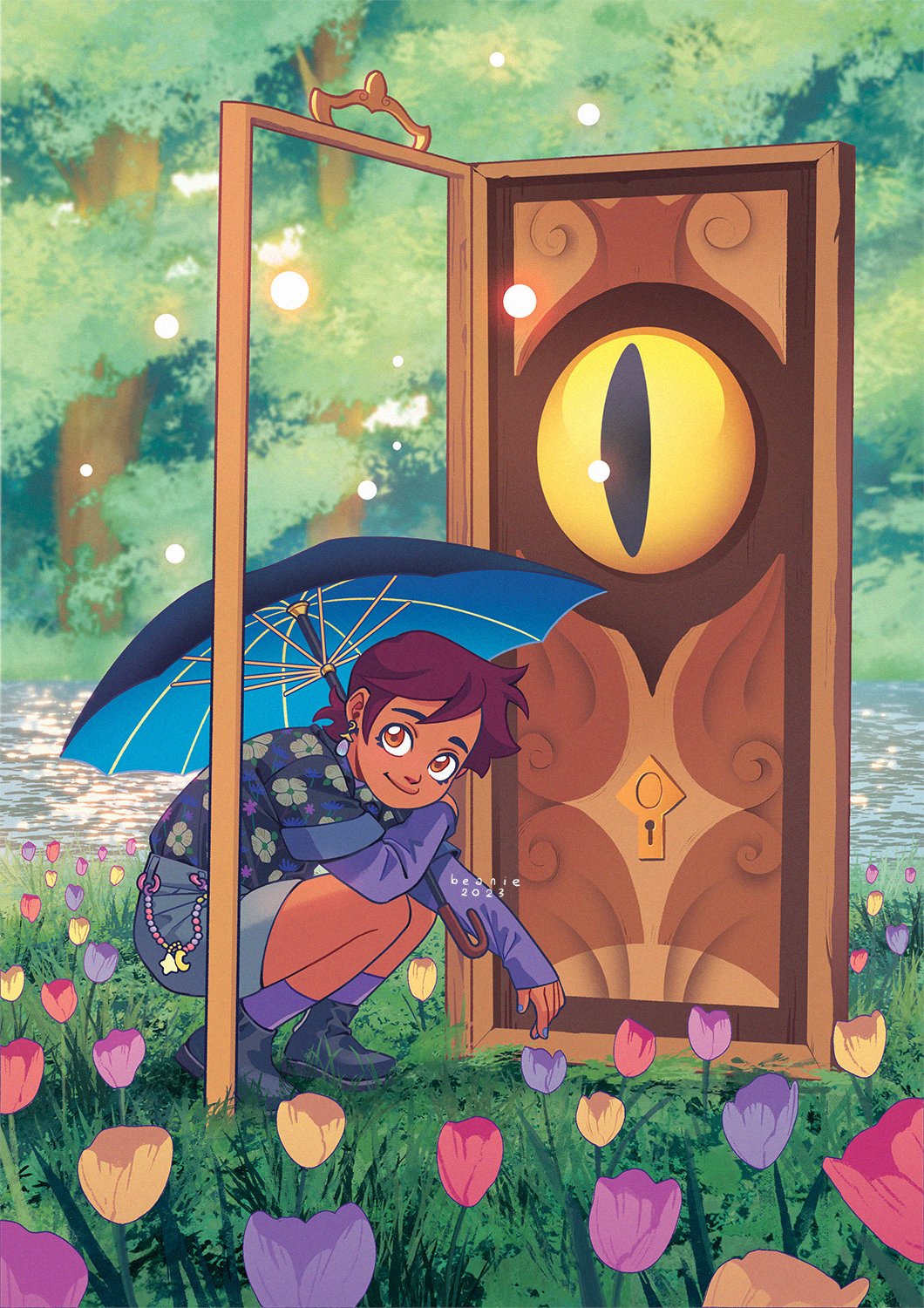 1girl, 2023, artist_name, beaniewinnie96, black_footwear, blue_nails, blurry, blurry_background, brown_eyes, brown_hair, commentary, crescent, denim, door, doorway, earrings, english_commentary, floral_print, flower, grass, highres, jewelry, keyhole, kneehighs, long_sleeves, looking_at_viewer, luz_noceda, purple_socks, river, shirt_tucked_in, short_hair, sideways_glance, smile, socks, solo, squatting, star_(symbol), summer, the_owl_house, tree, umbrella, water