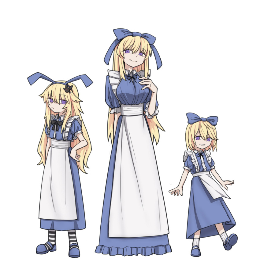 3girls, alice_(black_souls), apron, black_ribbon, black_souls, blonde_hair, blue_bow, blue_dress