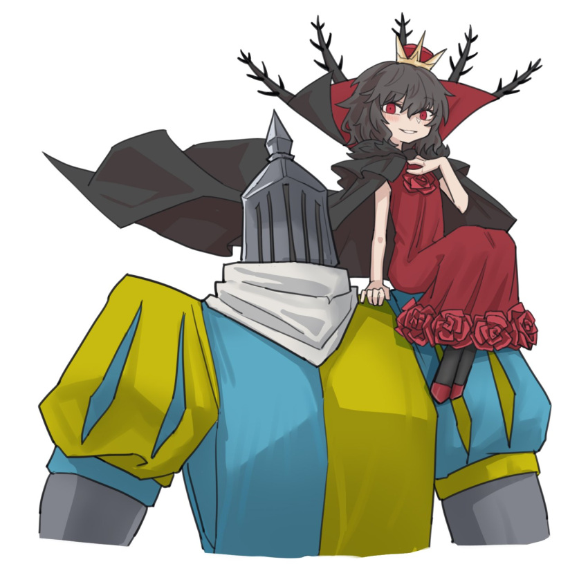 1girl, 1other, black_cape, black_hair, black_souls, cape, crown, dress