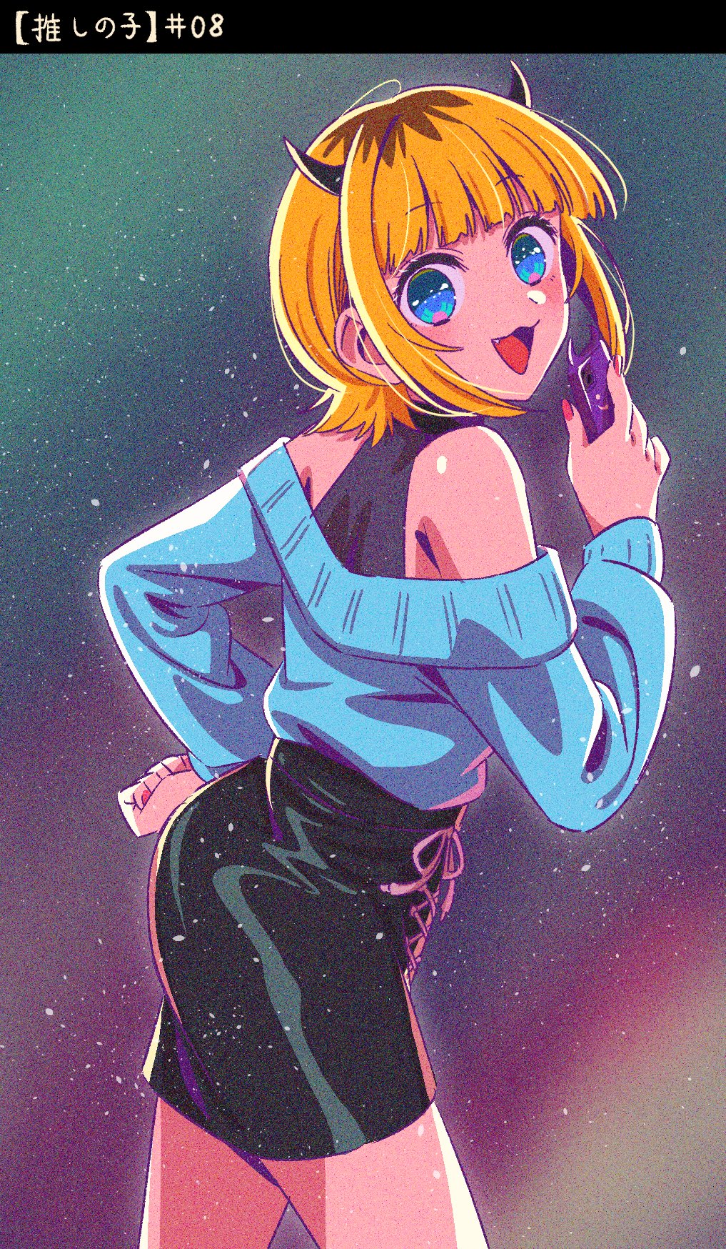 1girl, black_horns, black_skirt, blonde_hair, blue_eyes, blue_sweater, blunt_bangs, cellphone
