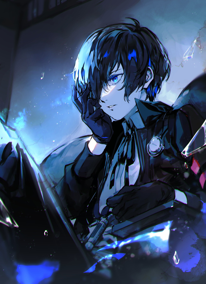 1boy, absurdres, black_gloves, black_pants, blue_eyes, collared_shirt, gekkoukan_high_school_uniform, gloves