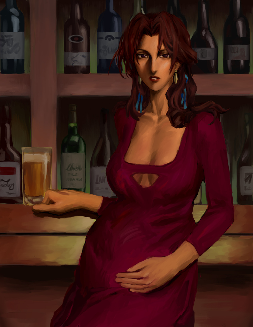 1girl, alcohol, bar_(place), bhobuanli, blue_ribbon, bottle, brown_hair, cowboy_bebop, cup, dark-skinned_female, dark_skin, dress, earrings, highres, jewelry, katerina_solensan, lipstick, long_hair, looking_at_viewer, makeup, purple_dress, ribbon, solo