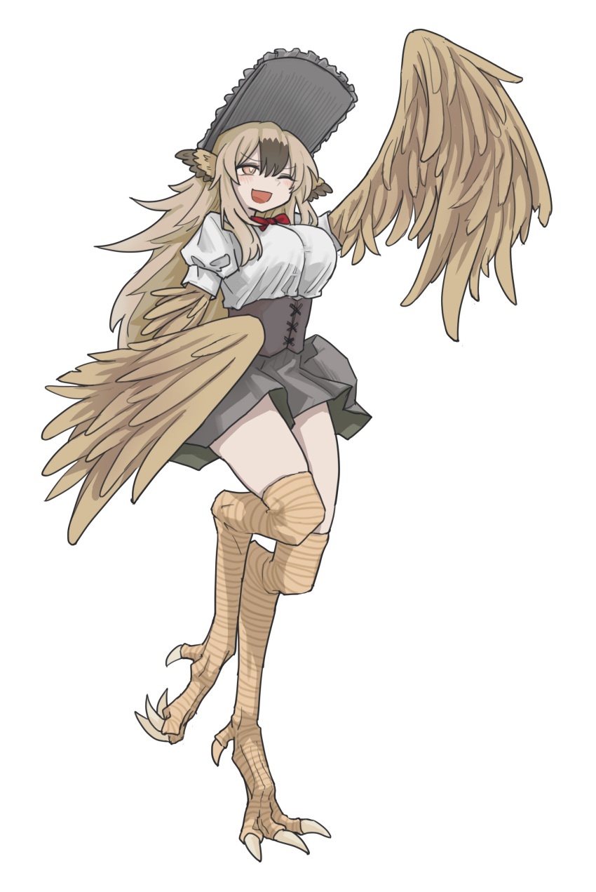 1girl, :d, absurdres, bird_legs, bird_wings, black_souls, blush, bonnet